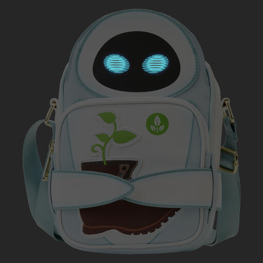 Image of the EVE crossbuddy bag with lights off to showcase her glow in the dark eyes